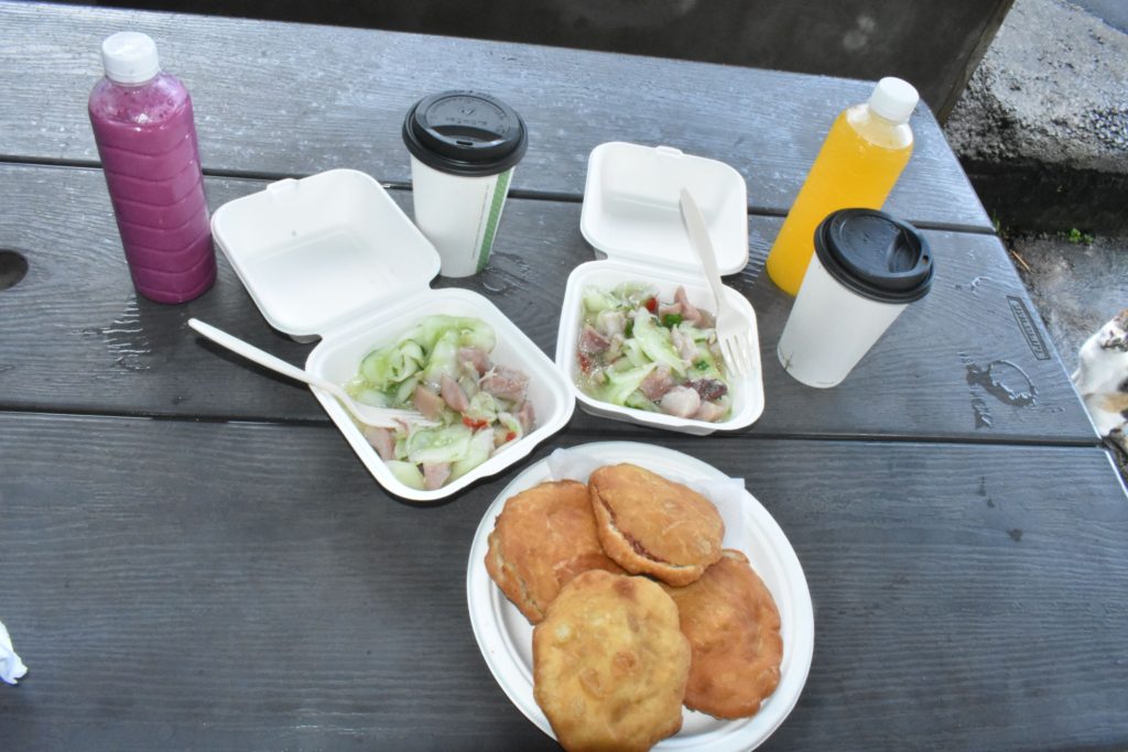 Dominican breakfast: bakes, souse, local juice, passion fruit, beat juice in the Caribbean
