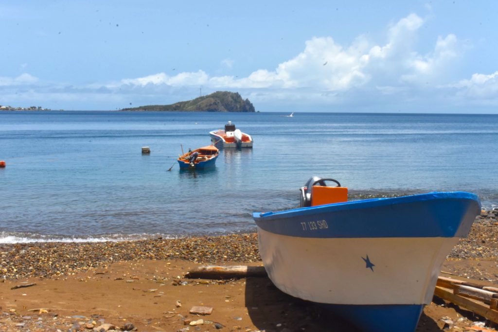Blue Fishing boat in Soufriere, Dominica, the Caribbean