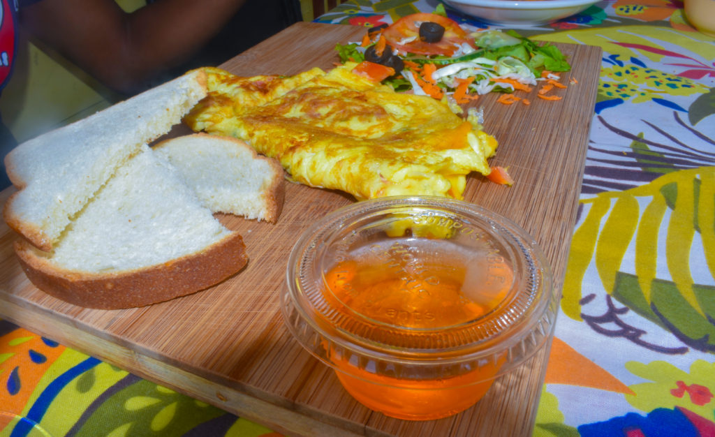 exotic island omelet as part of island food menu served at caribbean restaurant, Tropical Blendz Cafe a tropical island cafe