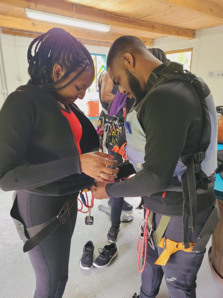 Black girl getting ready for her canyoning experience in the Caribbean, Dominica