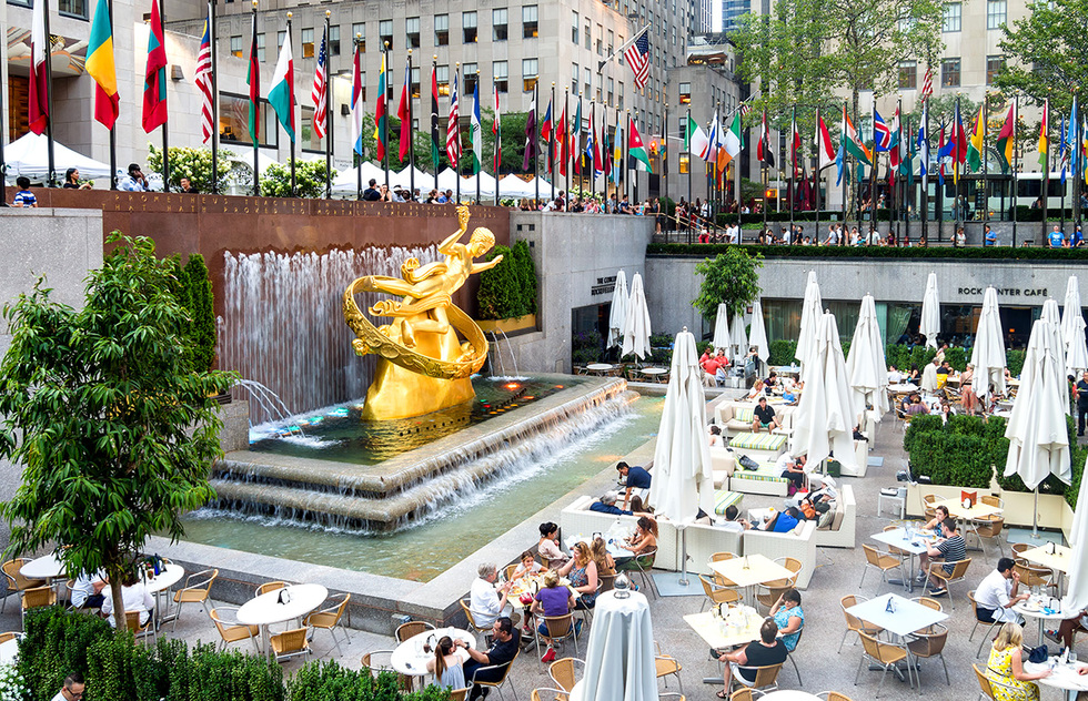 Free Things to do in New York City Alone -  Spend time at Rockefeller Plaza during the summer and spring