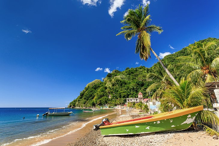 Dominica travel - Island beach view in Dominica, black sand beach 