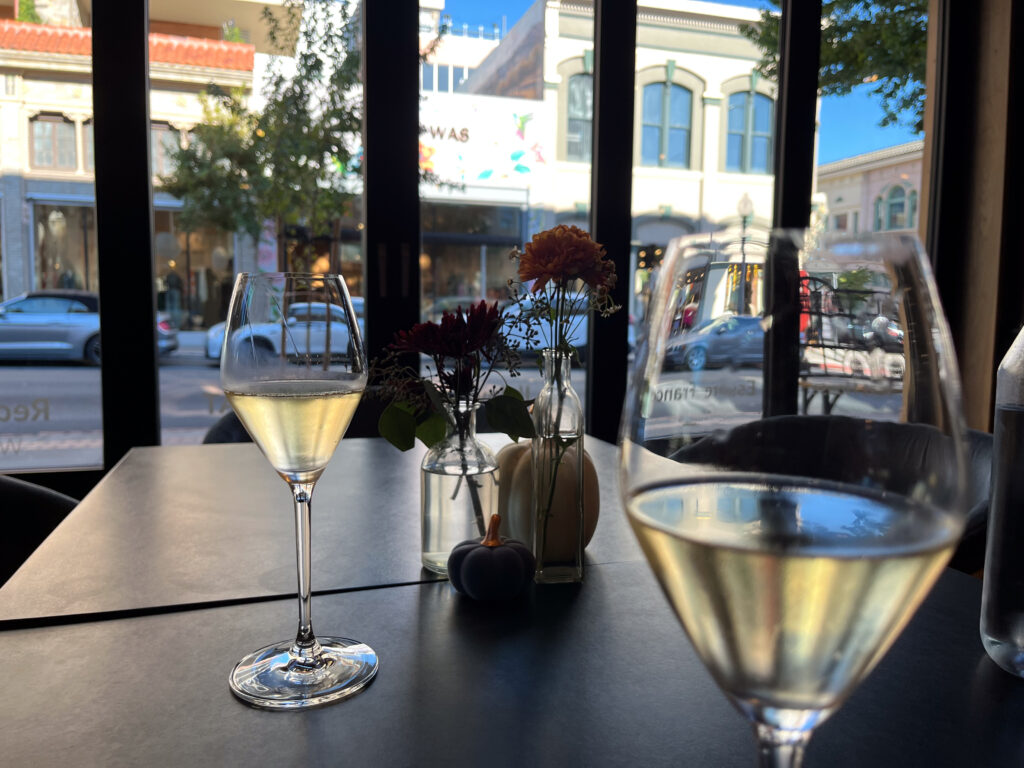 Sauvignon Blanc glasses served at the Mia Carta wine tasting room downtown Napa, wine country California
