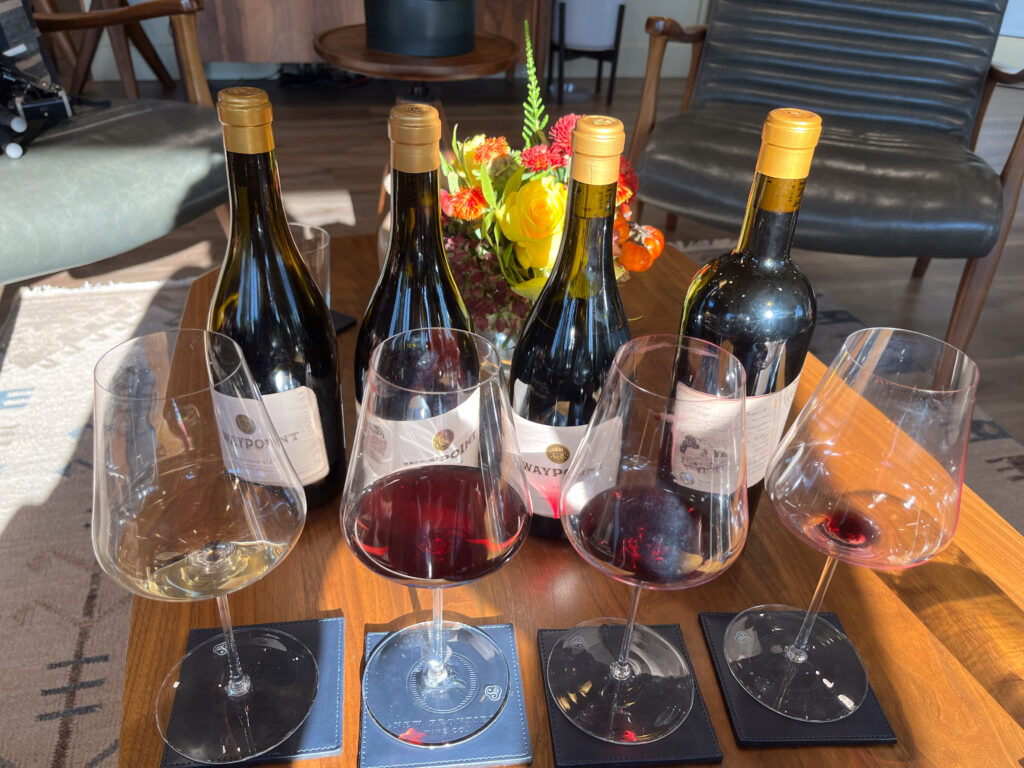 Glasses of lithology wines at the New Frontiers Wine Tasting room downtown Napa