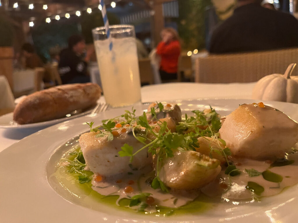 A fancy upscale fish mahi mahi meal at Chez Angele, a french restaurant downtown Napa