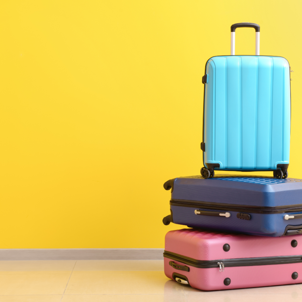 How to Pack Your Suitcase to Maximize Space - how to choose your suitcase. Teal. marine blue and pink suitcases superimposed on each other in a yellow background
