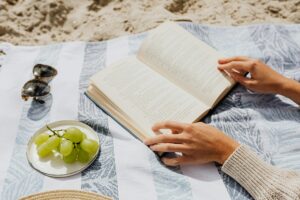 beach blanket - book, sunglasses and grapes