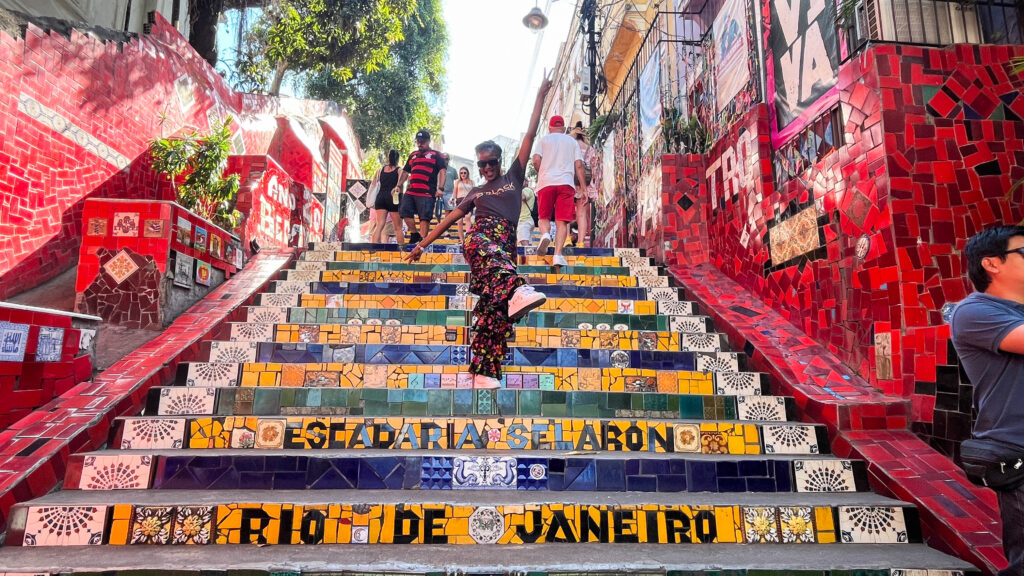 Stepping on and posing on the Selaron Steps - Things to do in Rio de Janeiro, Brazil